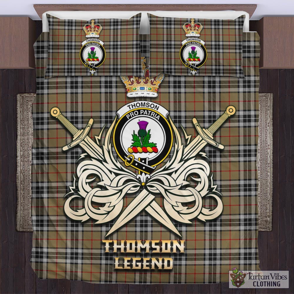 Tartan Vibes Clothing Thomson Camel Tartan Bedding Set with Clan Crest and the Golden Sword of Courageous Legacy