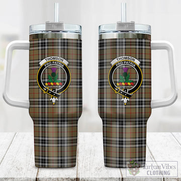 Thomson Camel Tartan and Family Crest Tumbler with Handle