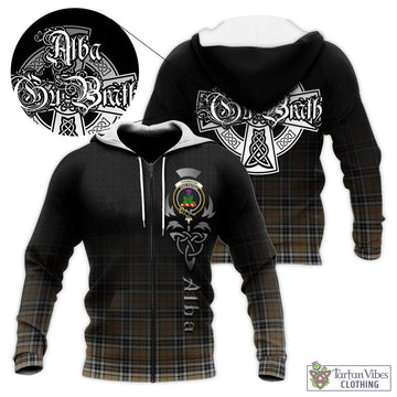 Thomson Camel Tartan Knitted Hoodie Featuring Alba Gu Brath Family Crest Celtic Inspired