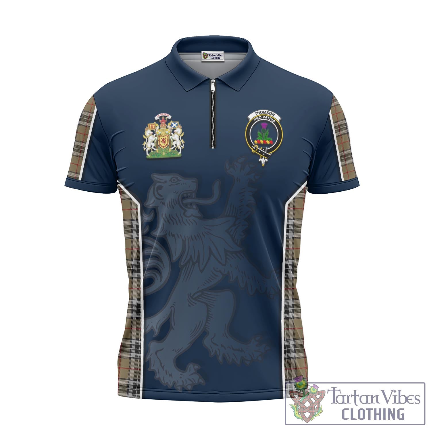 Tartan Vibes Clothing Thomson Camel Tartan Zipper Polo Shirt with Family Crest and Lion Rampant Vibes Sport Style