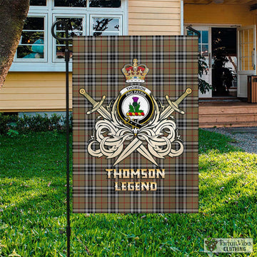 Thomson Camel Tartan Flag with Clan Crest and the Golden Sword of Courageous Legacy