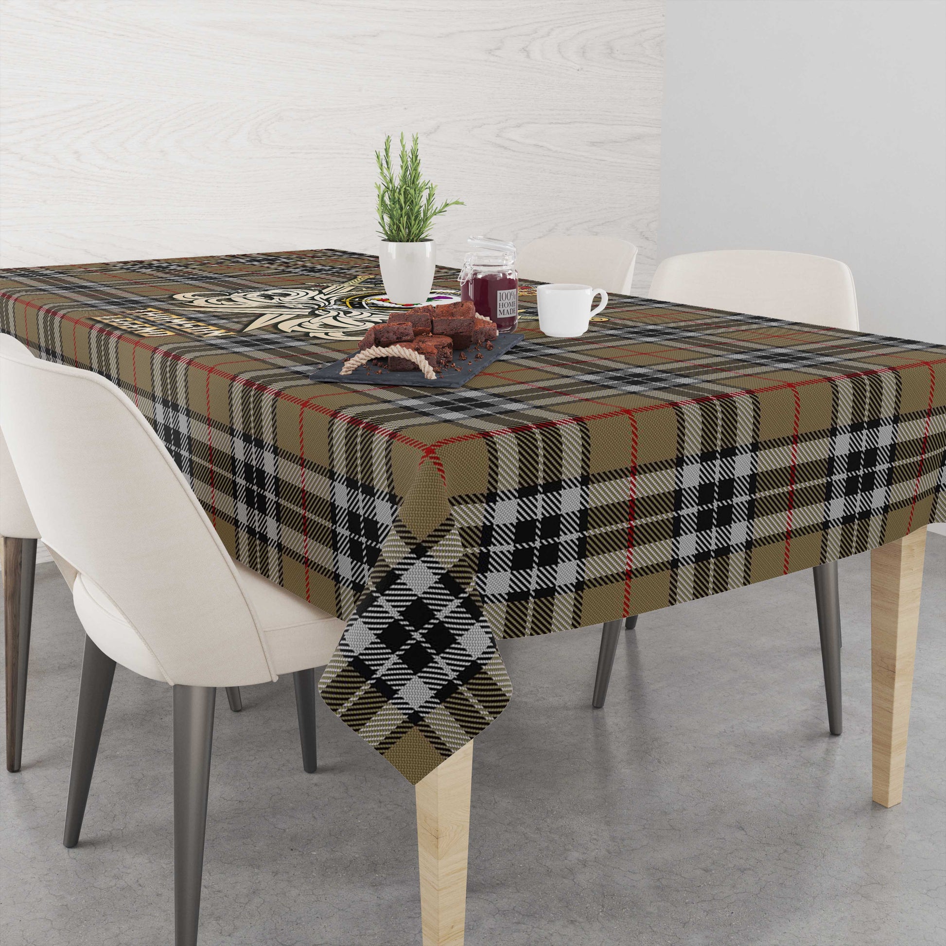 Tartan Vibes Clothing Thomson Camel Tartan Tablecloth with Clan Crest and the Golden Sword of Courageous Legacy