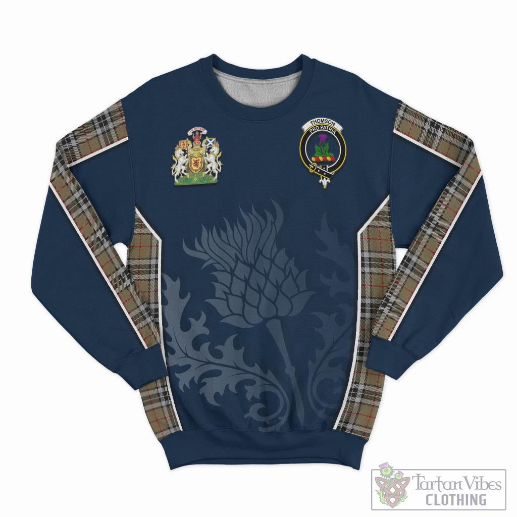 Tartan Vibes Clothing Thomson Camel Tartan Sweatshirt with Family Crest and Scottish Thistle Vibes Sport Style