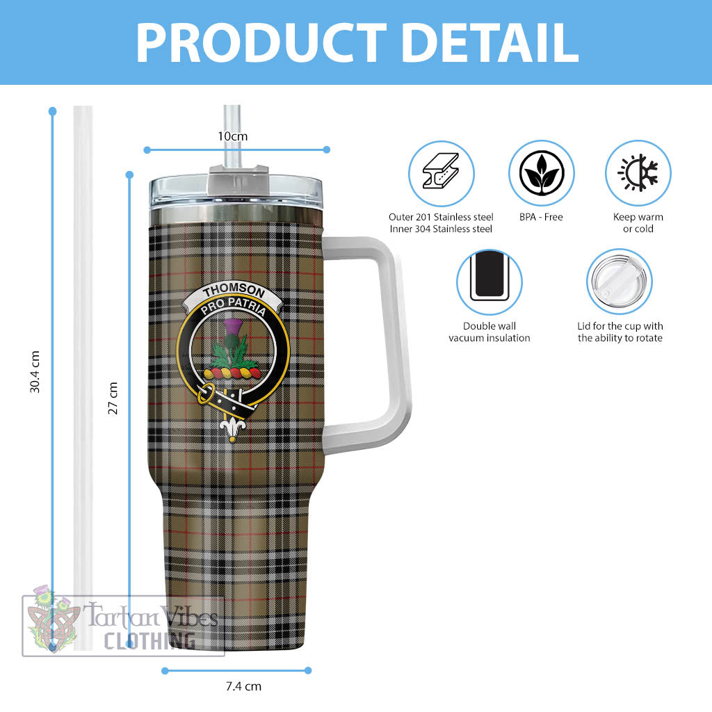 Tartan Vibes Clothing Thomson Camel Tartan and Family Crest Tumbler with Handle