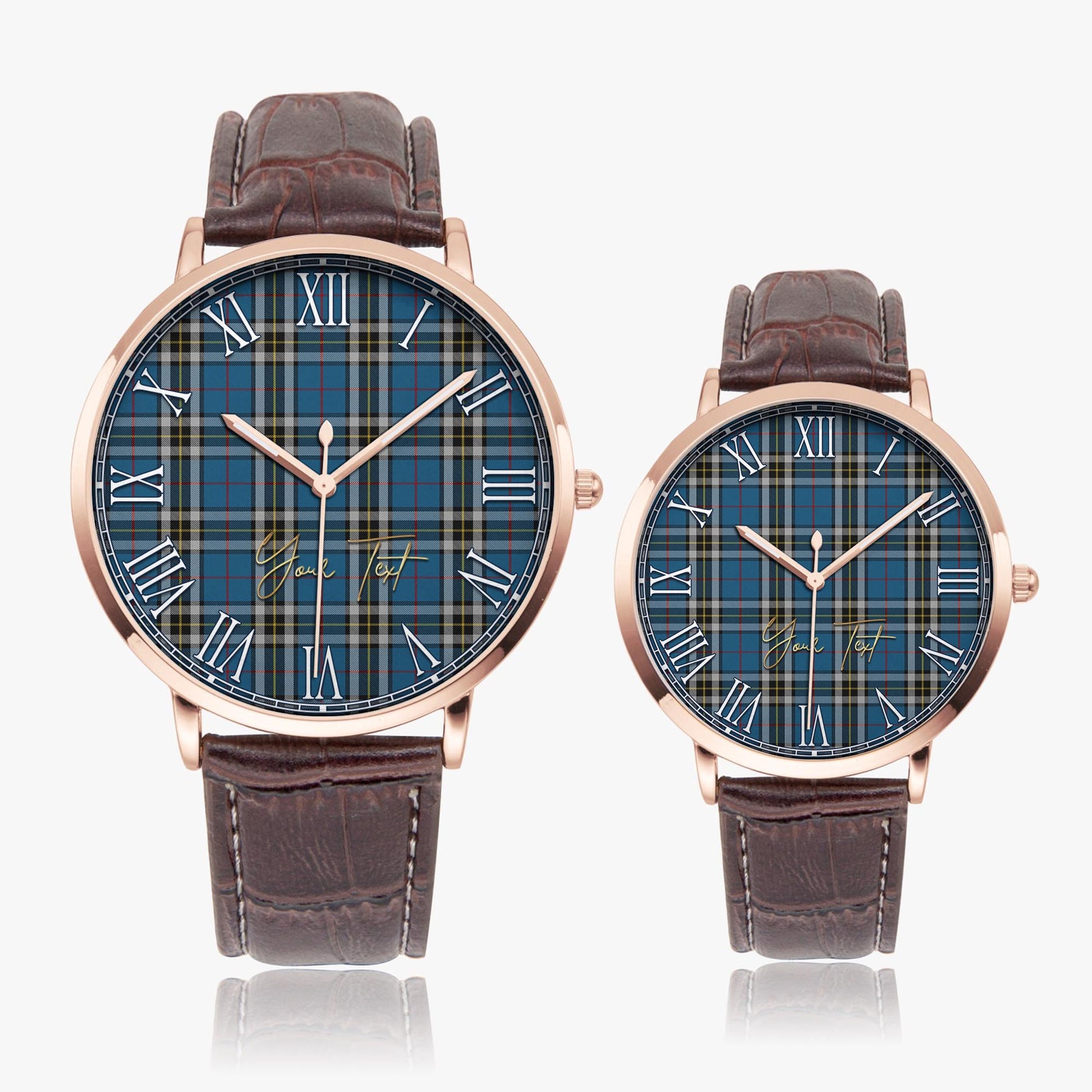 Thomson Dress Blue Tartan Personalized Your Text Leather Trap Quartz Watch Ultra Thin Rose Gold Case With Brown Leather Strap - Tartanvibesclothing Shop