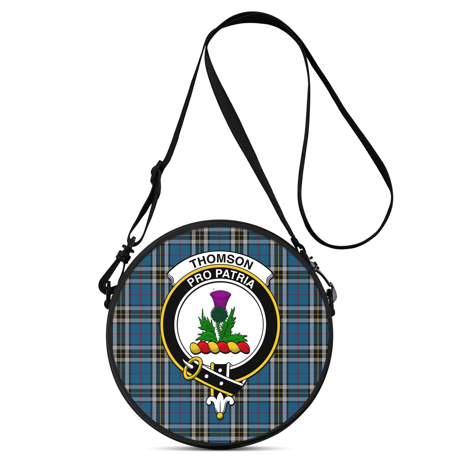 thomson-dress-blue-tartan-round-satchel-bags-with-family-crest