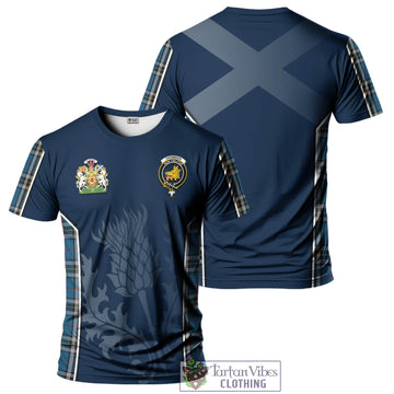 Thomson Dress Blue Tartan T-Shirt with Family Crest and Scottish Thistle Vibes Sport Style