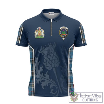 Thomson Dress Blue Tartan Zipper Polo Shirt with Family Crest and Scottish Thistle Vibes Sport Style