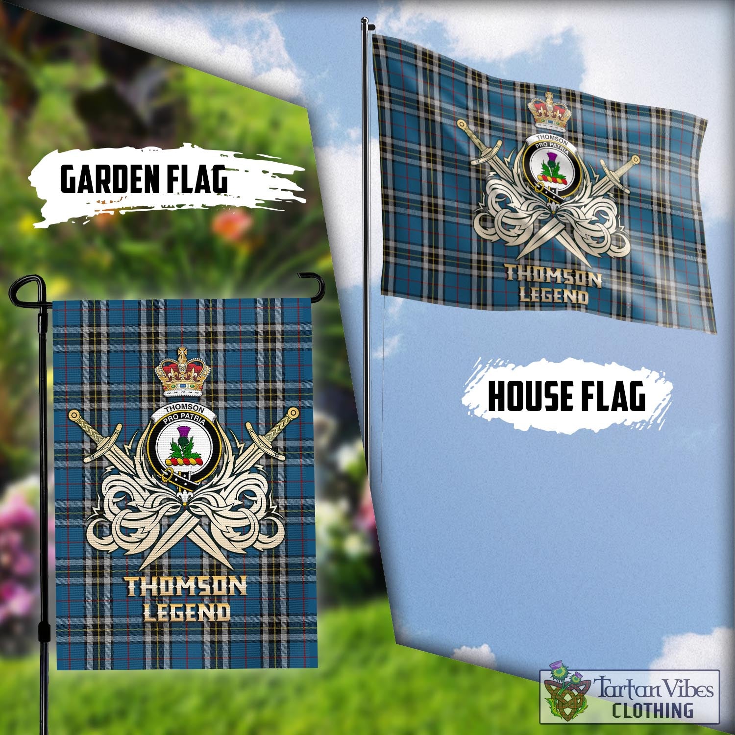 Tartan Vibes Clothing Thomson Dress Blue Tartan Flag with Clan Crest and the Golden Sword of Courageous Legacy