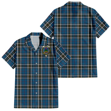 Thomson Dress Blue Tartan Short Sleeve Button Down Shirt with Family Crest
