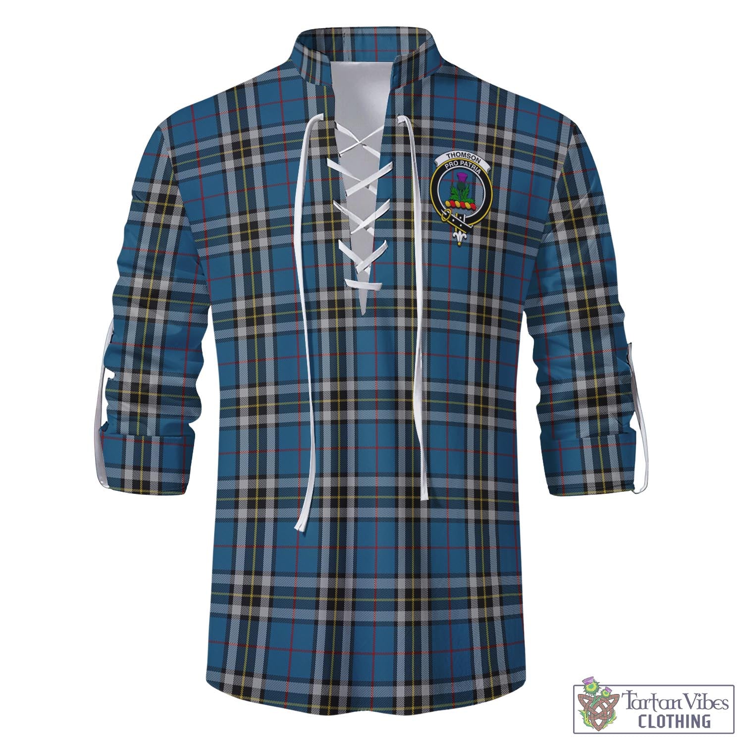 Tartan Vibes Clothing Thomson Dress Blue Tartan Men's Scottish Traditional Jacobite Ghillie Kilt Shirt with Family Crest