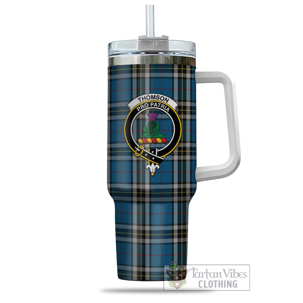 Tartan Vibes Clothing Thomson Dress Blue Tartan and Family Crest Tumbler with Handle