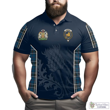 Thomson Dress Blue Tartan Men's Polo Shirt with Family Crest and Scottish Thistle Vibes Sport Style