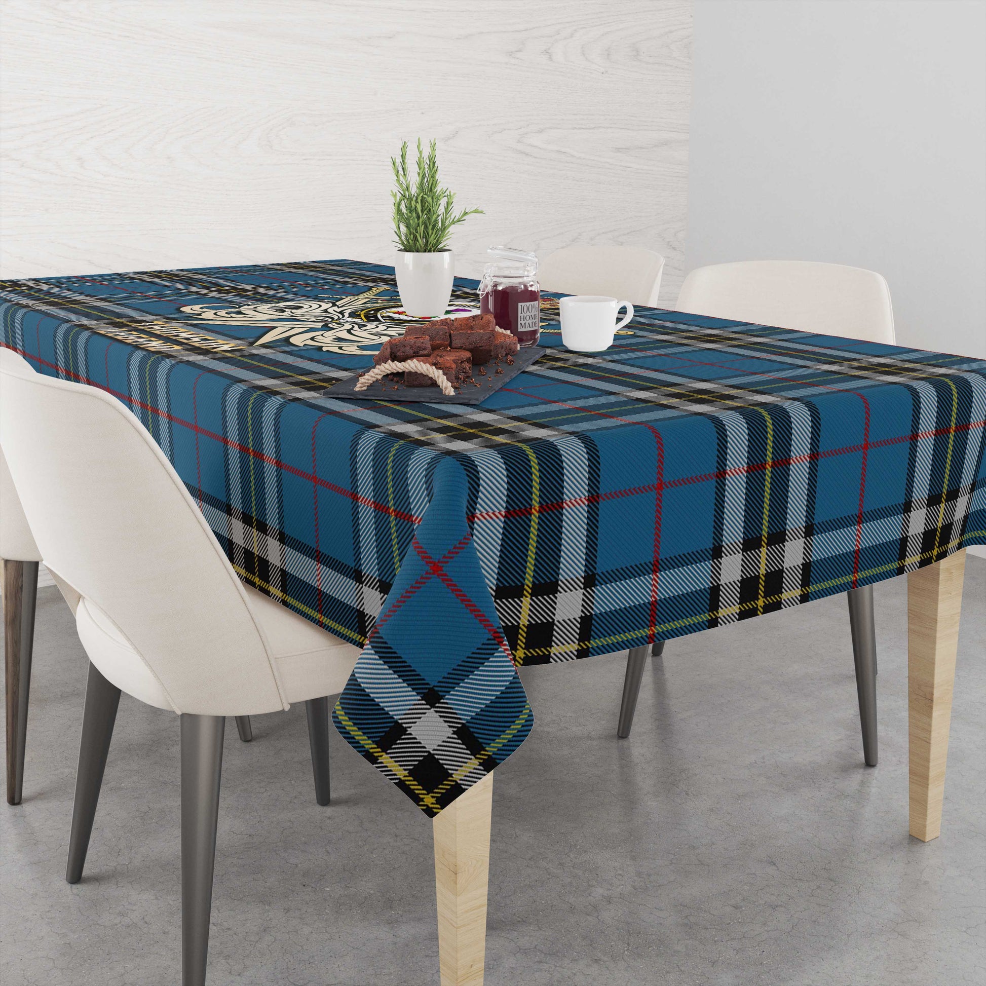 Tartan Vibes Clothing Thomson Dress Blue Tartan Tablecloth with Clan Crest and the Golden Sword of Courageous Legacy