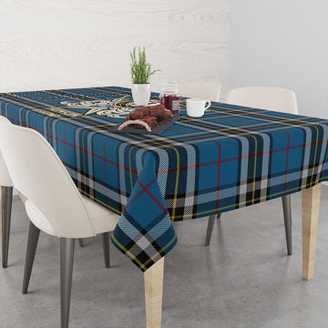 Thomson Dress Blue Tartan Tablecloth with Clan Crest and the Golden Sword of Courageous Legacy