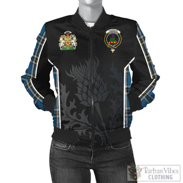 Thomson Dress Blue Tartan Bomber Jacket with Family Crest and Scottish Thistle Vibes Sport Style