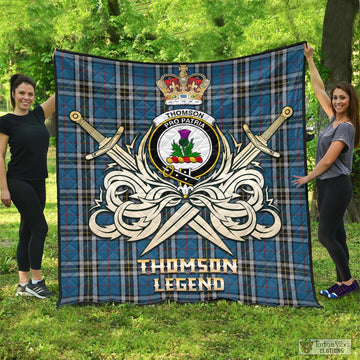 Thomson Dress Blue Tartan Quilt with Clan Crest and the Golden Sword of Courageous Legacy