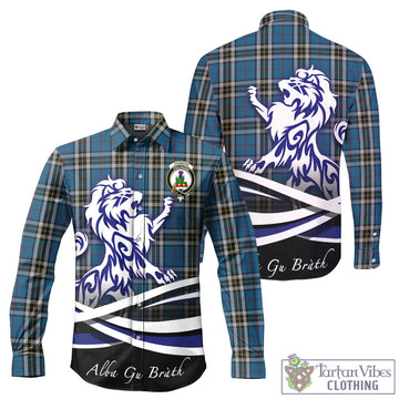 Thomson Dress Blue Tartan Long Sleeve Button Up Shirt with Alba Gu Brath Regal Lion Emblem