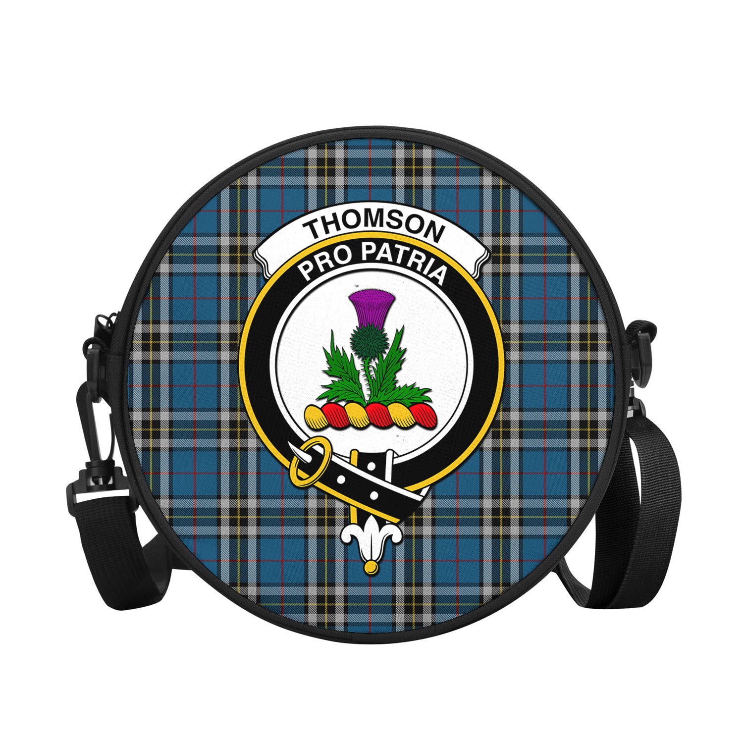 thomson-dress-blue-tartan-round-satchel-bags-with-family-crest