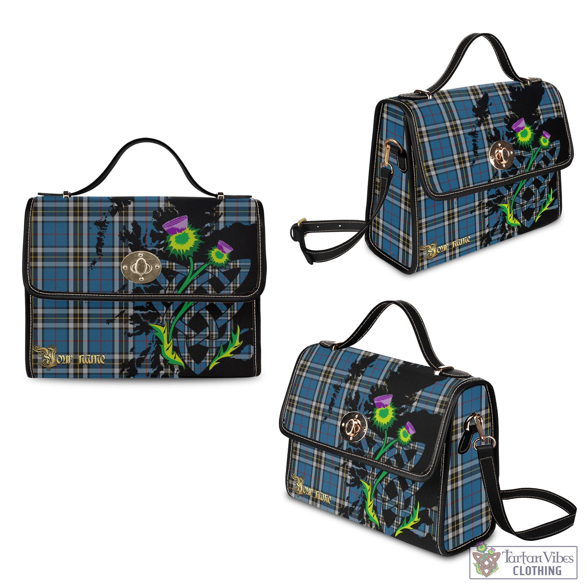 Tartan Vibes Clothing Thomson Dress Blue Tartan Waterproof Canvas Bag with Scotland Map and Thistle Celtic Accents