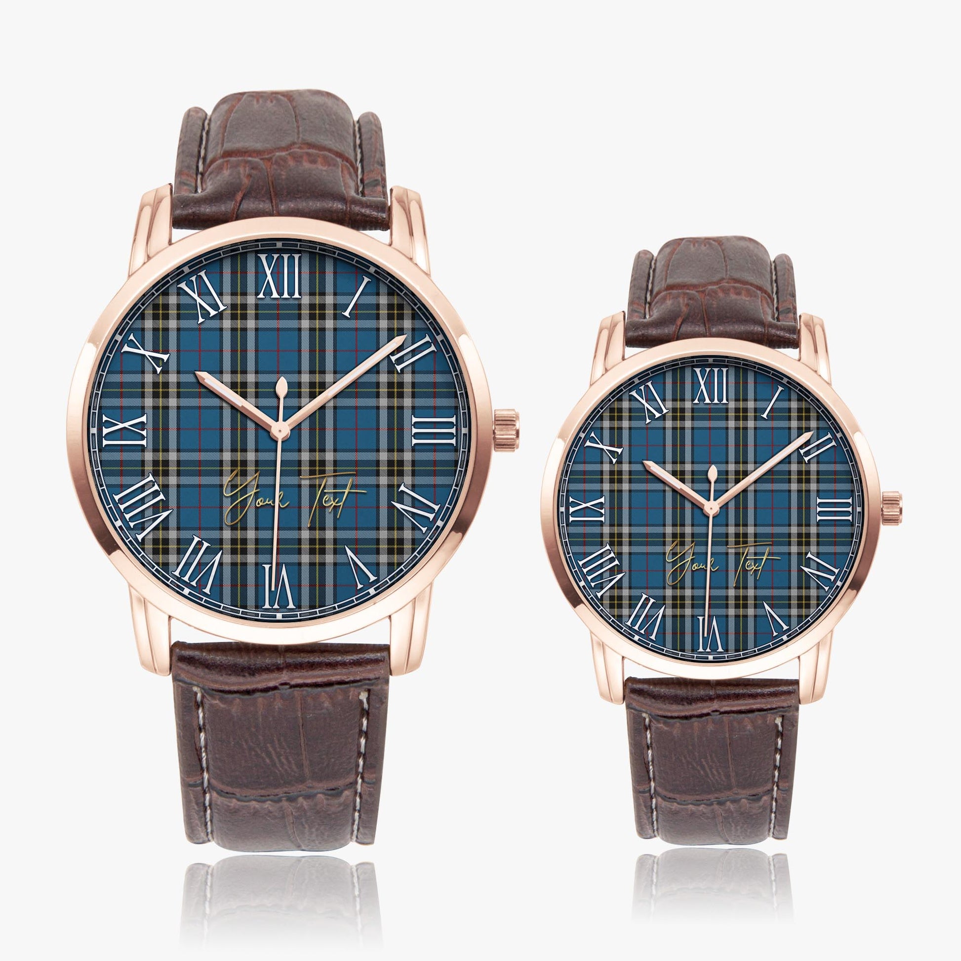 Thomson Dress Blue Tartan Personalized Your Text Leather Trap Quartz Watch Wide Type Rose Gold Case With Brown Leather Strap - Tartanvibesclothing Shop