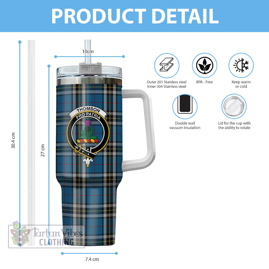 Tartan Vibes Clothing Thomson Dress Blue Tartan and Family Crest Tumbler with Handle