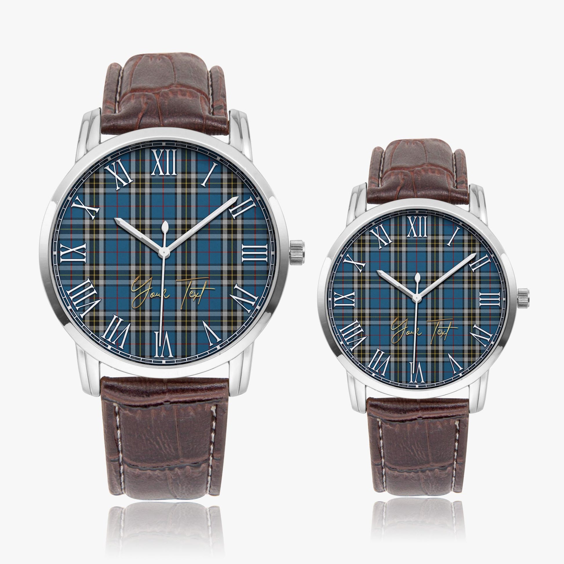 Thomson Dress Blue Tartan Personalized Your Text Leather Trap Quartz Watch Wide Type Silver Case With Brown Leather Strap - Tartanvibesclothing Shop