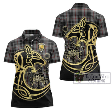 Thomson Grey Tartan Women's Polo Shirt with Family Crest Celtic Wolf Style