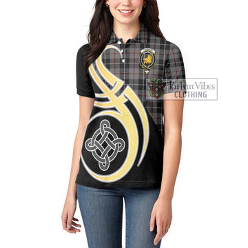Thomson Grey Tartan Women's Polo Shirt with Family Crest and Celtic Symbol Style