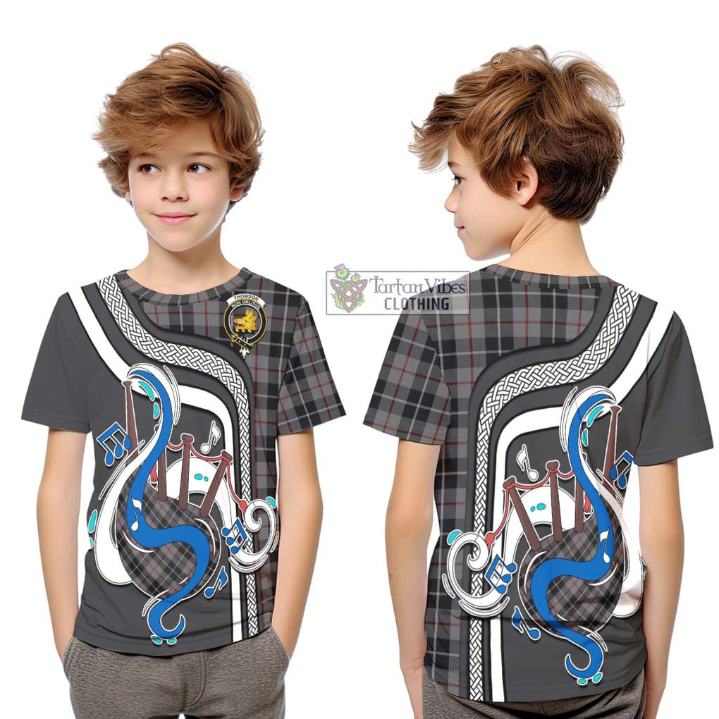 Tartan Vibes Clothing Thomson Grey Tartan Kid T-Shirt with Epic Bagpipe Style