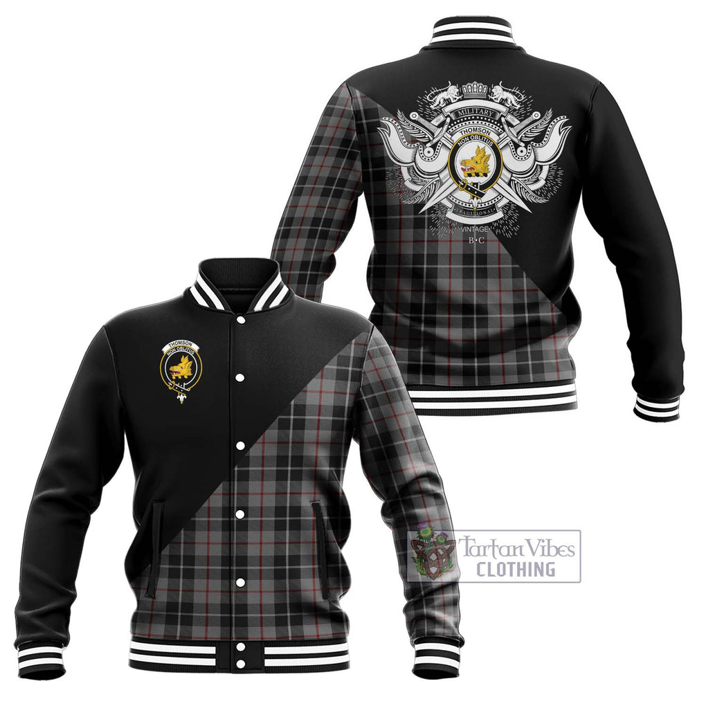 Thomson Grey Tartan Baseball Jacket with Family Crest and Military Logo Style Unisex - Tartanvibesclothing Shop