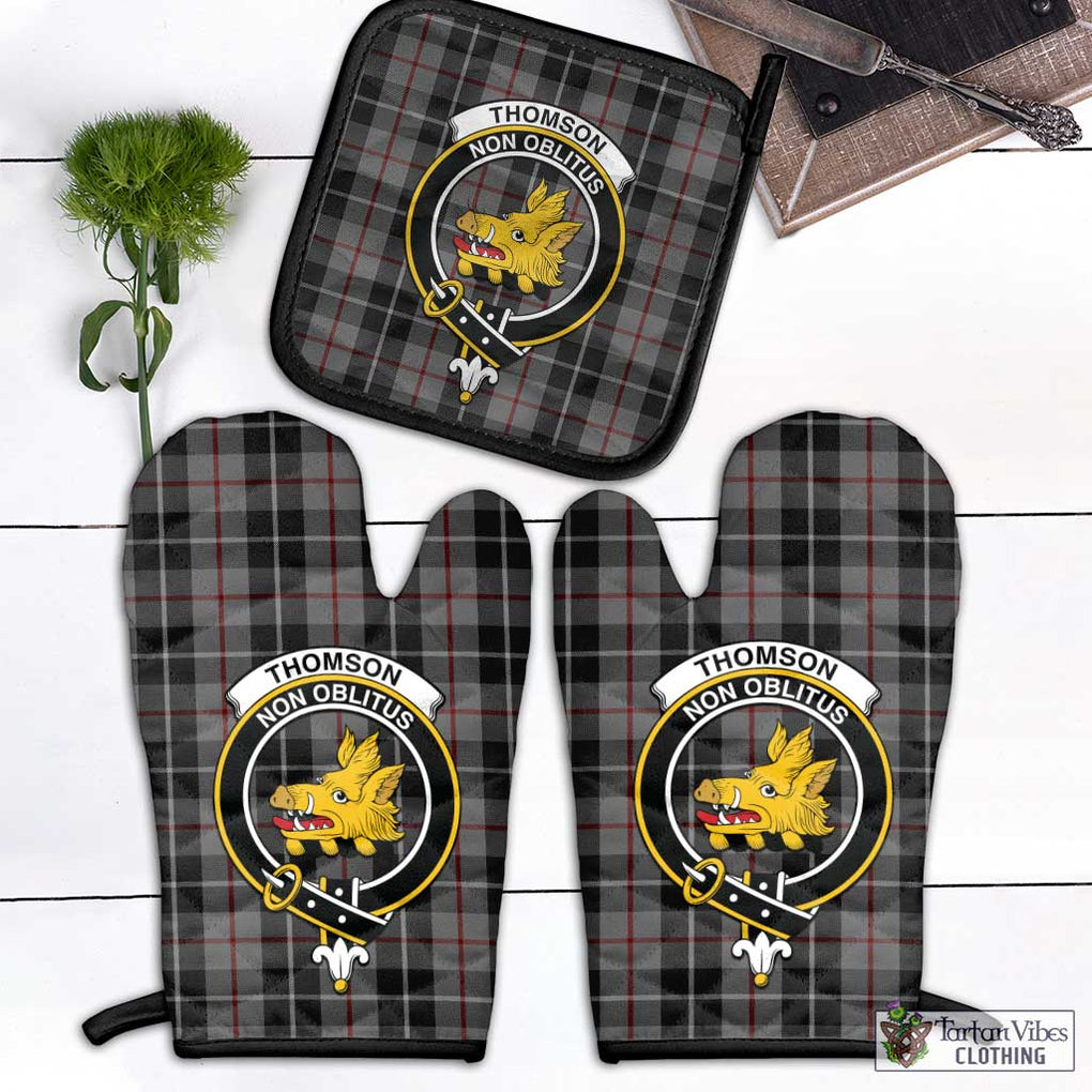 Thomson Grey Tartan Combo Oven Mitt & Pot-Holder with Family Crest Combo 1 Oven Mitt & 1 Pot-Holder Black - Tartan Vibes Clothing