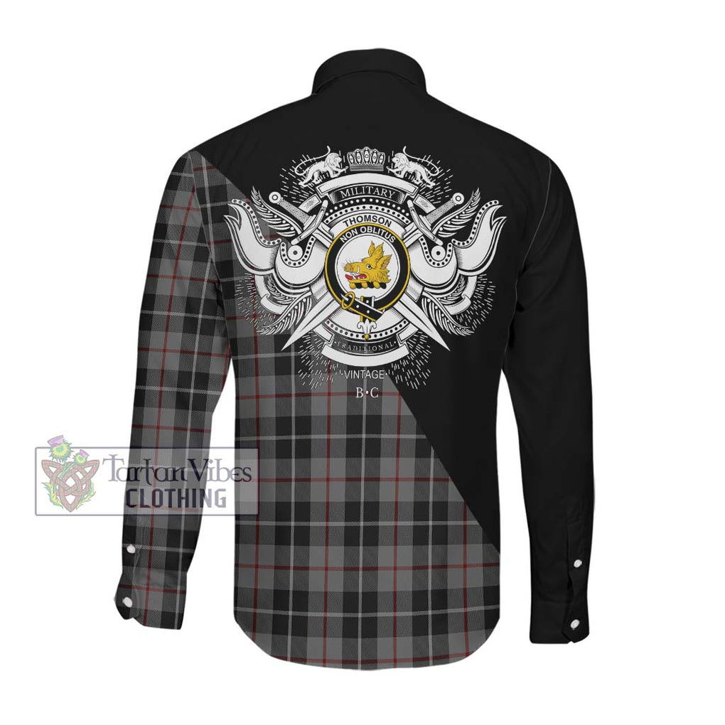 Thomson Grey Tartan Long Sleeve Button Shirt with Family Crest and Military Logo Style Men's Shirt - Tartanvibesclothing Shop