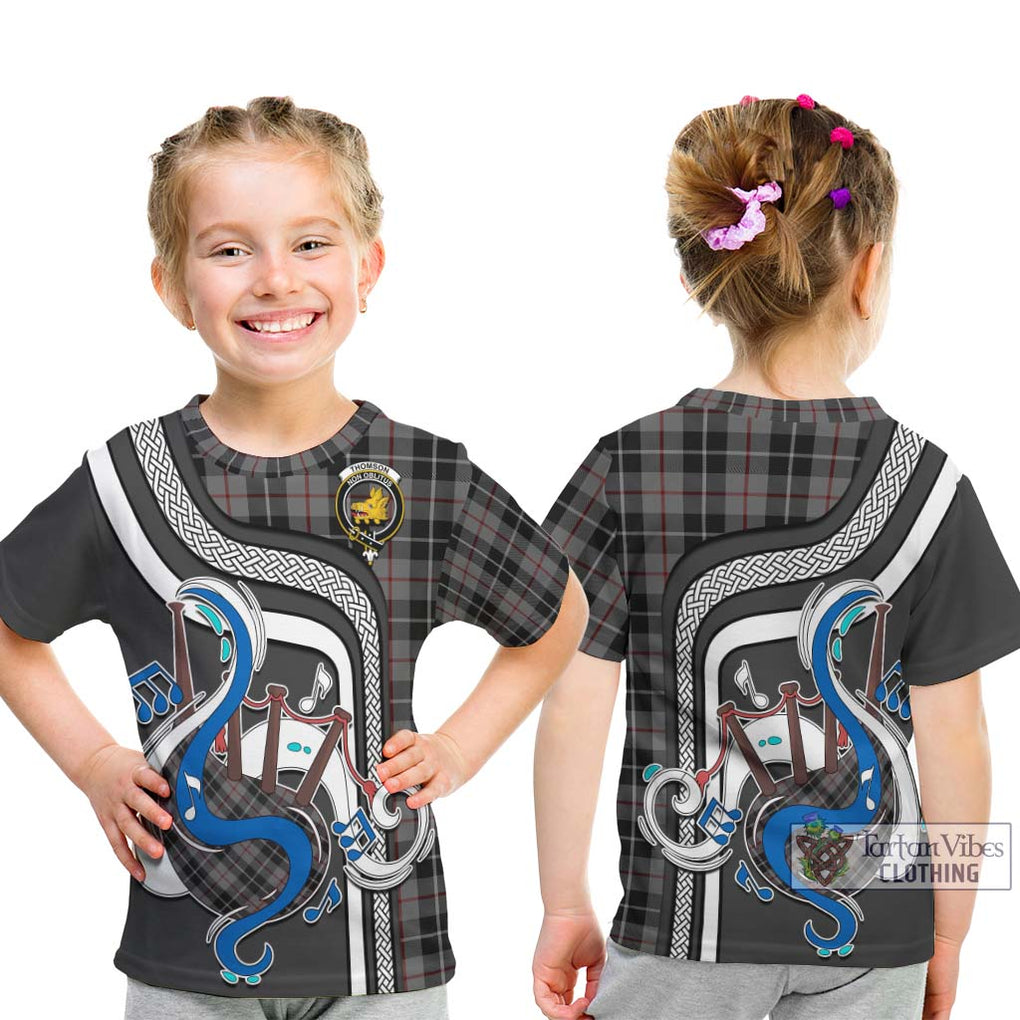 Tartan Vibes Clothing Thomson Grey Tartan Kid T-Shirt with Epic Bagpipe Style
