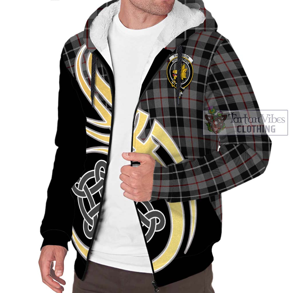 Thomson Grey Tartan Sherpa Hoodie with Family Crest and Celtic Symbol Style - Tartan Vibes Clothing