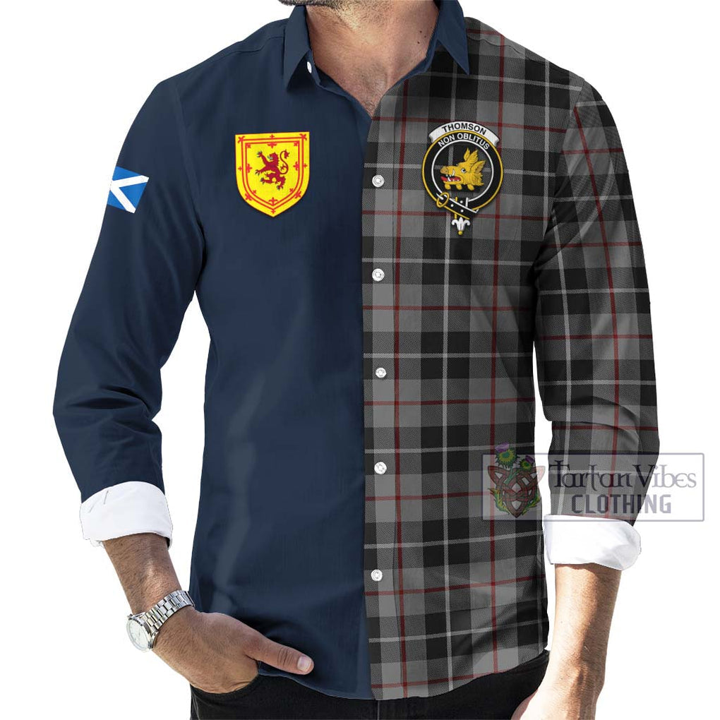 Tartan Vibes Clothing Thomson Grey Tartan Long Sleeve Button Shirt with Scottish Lion Royal Arm Half Style