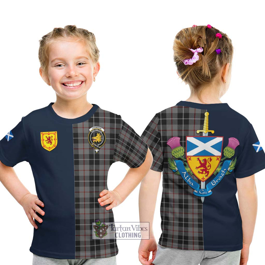 Tartan Vibes Clothing Thomson Grey Tartan Kid T-Shirt with Scottish Lion Royal Arm Half Style