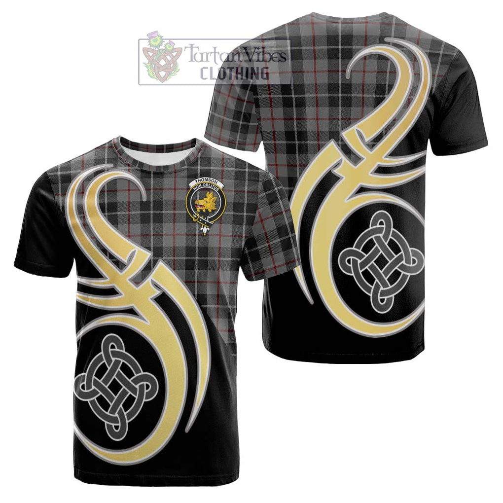 Tartan Vibes Clothing Thomson Grey Tartan Cotton T-shirt with Family Crest and Celtic Symbol Style