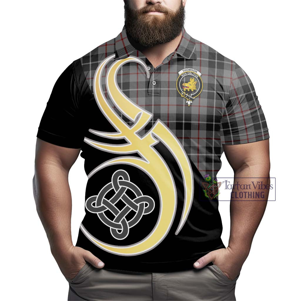 Thomson Grey Tartan Polo Shirt with Family Crest and Celtic Symbol Style - Tartan Vibes Clothing
