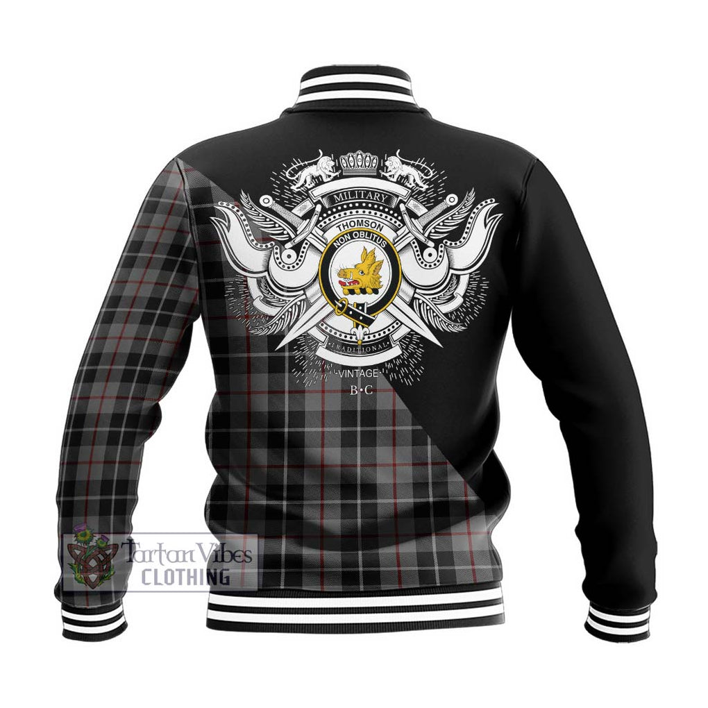Thomson Grey Tartan Baseball Jacket with Family Crest and Military Logo Style - Tartanvibesclothing Shop