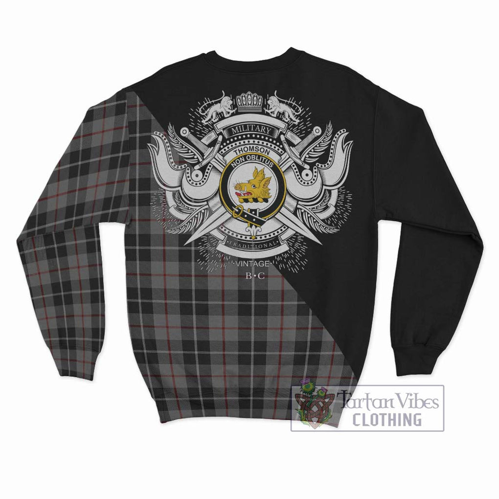 Thomson Grey Tartan Sweatshirt with Family Crest and Military Logo Style - Tartanvibesclothing Shop