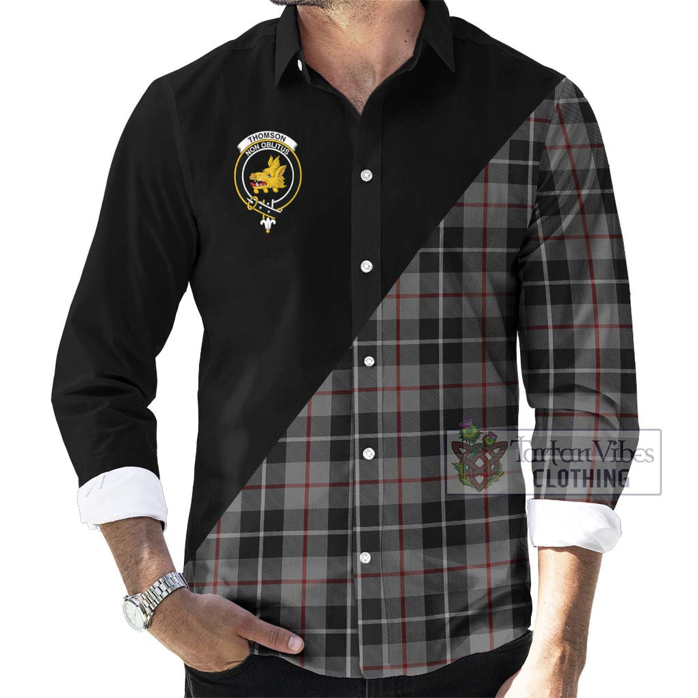 Thomson Grey Tartan Long Sleeve Button Shirt with Family Crest and Military Logo Style - Tartanvibesclothing Shop