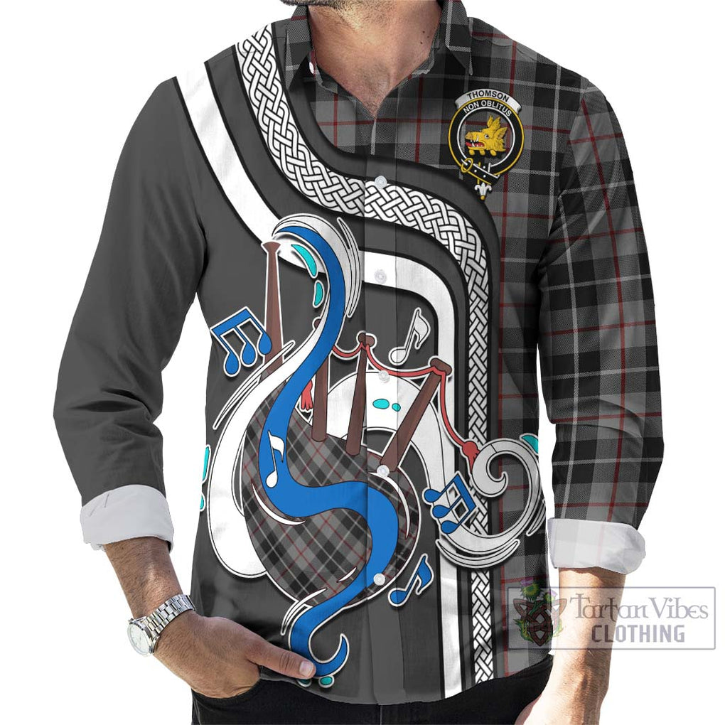 Thomson Grey Tartan Long Sleeve Button Shirt with Epic Bagpipe Style - Tartanvibesclothing Shop