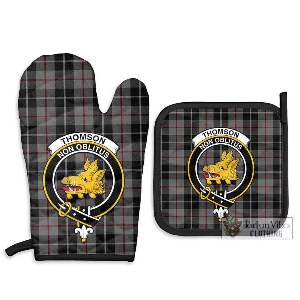 Thomson Grey Tartan Combo Oven Mitt & Pot-Holder with Family Crest Combo 1 Oven Mitt & 2 Pot-Holder Black - Tartan Vibes Clothing