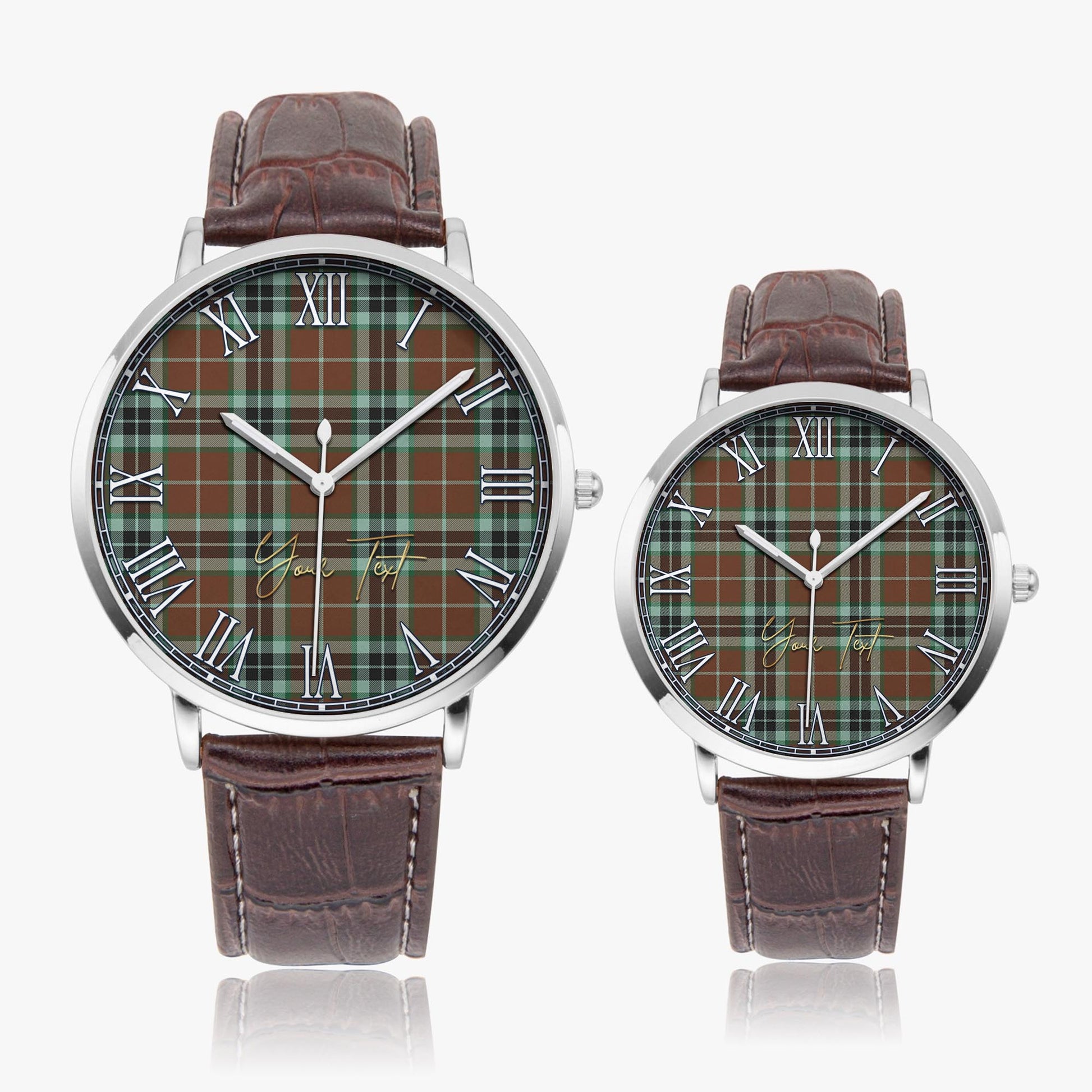 Thomson Hunting Modern Tartan Personalized Your Text Leather Trap Quartz Watch Ultra Thin Silver Case With Brown Leather Strap - Tartanvibesclothing Shop