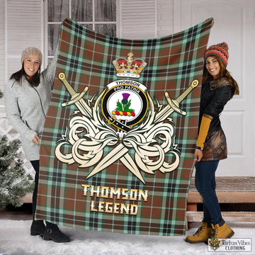 Thomson Hunting Modern Tartan Blanket with Clan Crest and the Golden Sword of Courageous Legacy
