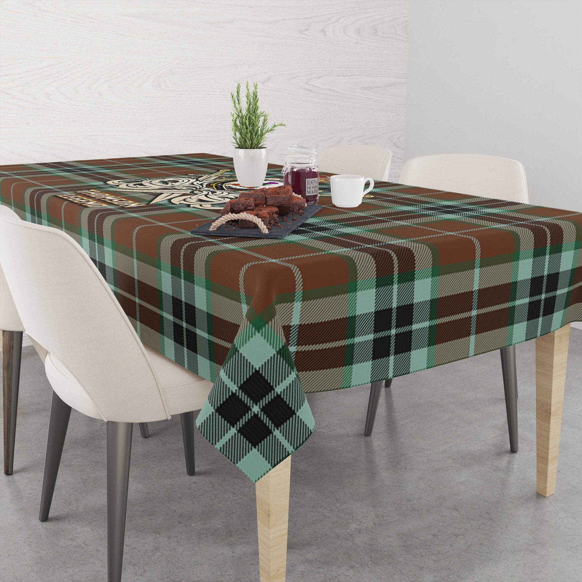 Tartan Vibes Clothing Thomson Hunting Modern Tartan Tablecloth with Clan Crest and the Golden Sword of Courageous Legacy