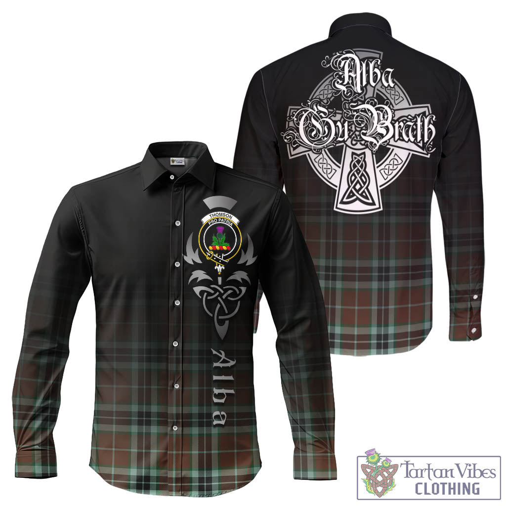 Tartan Vibes Clothing Thomson Hunting Modern Tartan Long Sleeve Button Up Featuring Alba Gu Brath Family Crest Celtic Inspired