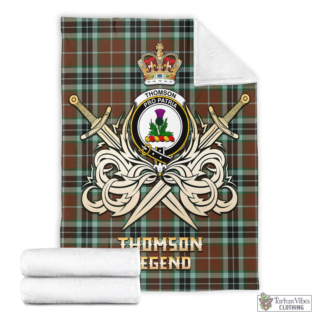Tartan Vibes Clothing Thomson Hunting Modern Tartan Blanket with Clan Crest and the Golden Sword of Courageous Legacy