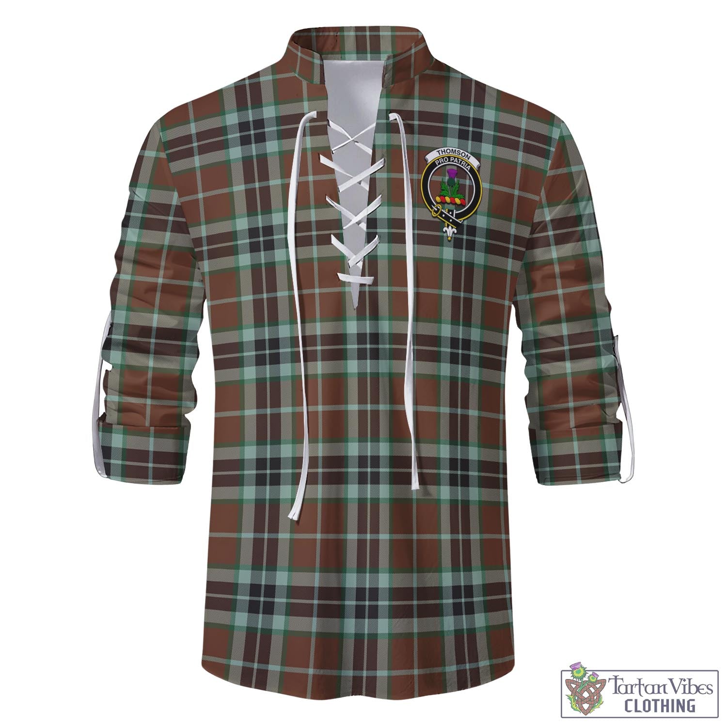 Tartan Vibes Clothing Thomson Hunting Modern Tartan Men's Scottish Traditional Jacobite Ghillie Kilt Shirt with Family Crest